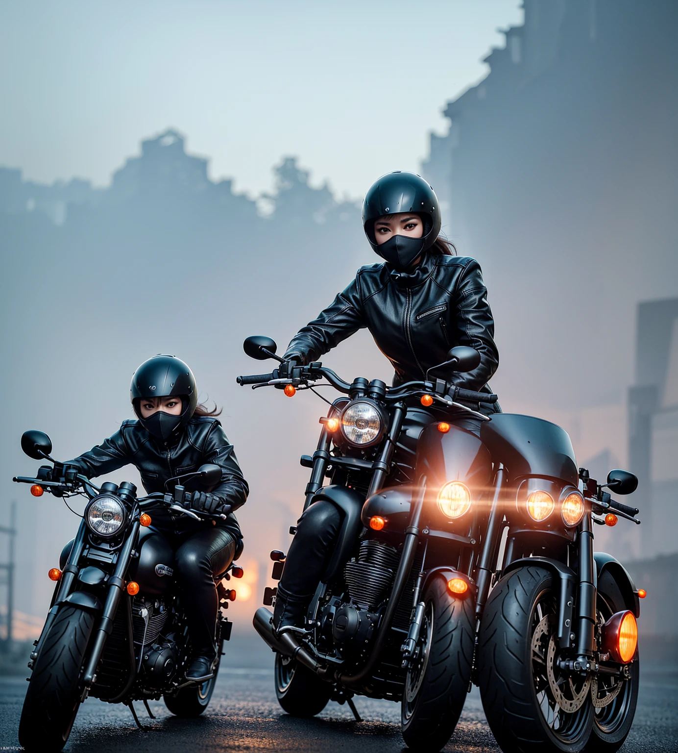 a woman riding a motorcycle wearing a mask, full body visible, tire on fire in the dark, dark style, extremely detailed, photorealistic, 8k, ultra-detailed, intricate details, hyper realistic, chiaroscuro lighting, moody atmosphere, dramatic shadows, vibrant colors, cinematic composition, motion blur, volumetric lighting, glossy surfaces, complex textures, gritty aesthetic