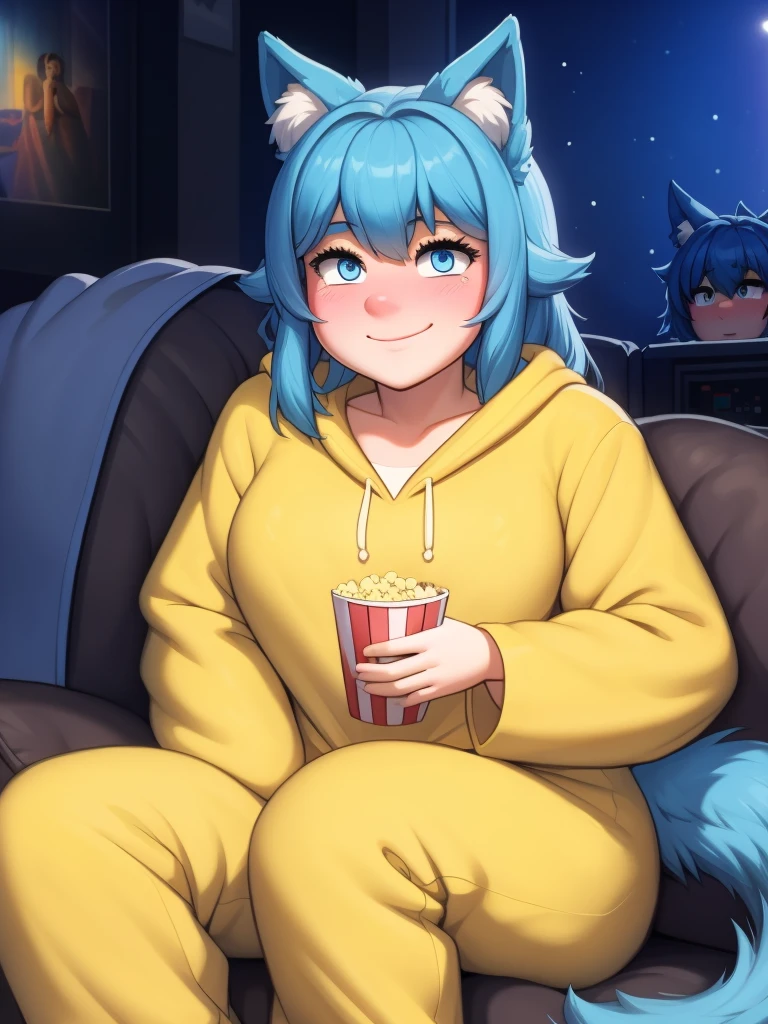 (Masterpiece) (High Detail) (High Res) A close up of a short humanoid girl with pale human skin and blue eyes and long blue hair and blue dog ears and a fluffy blue dog tail and average breasts. She is sat on a big beanbag chair in a dark cinema room with snacks and blankets all around her. She is wearing a fluffy furry yellow onesie. She has blushing cheeks and looks cheerful. She is holding popcorn. 