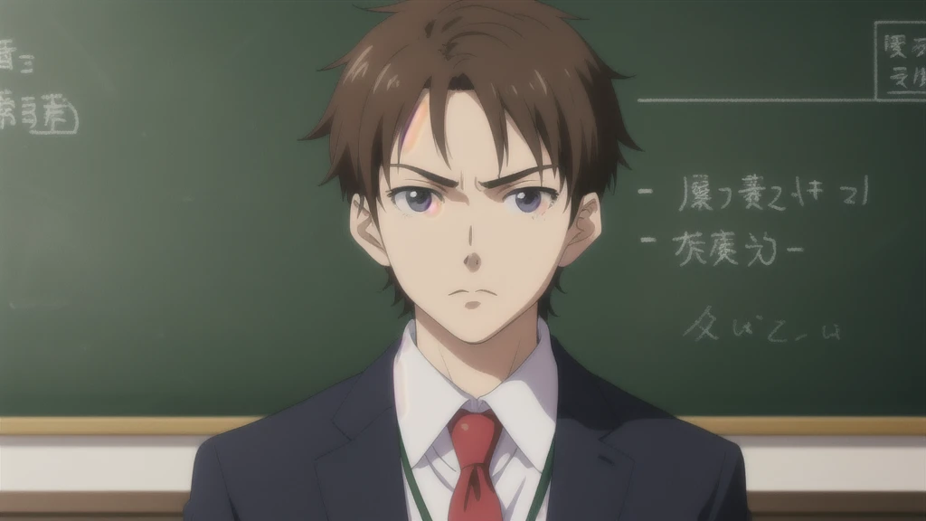 Teacher standing in front of the podium、Chalkboard at the back、Straight face、male、suit、Anime Style、Close-up of face