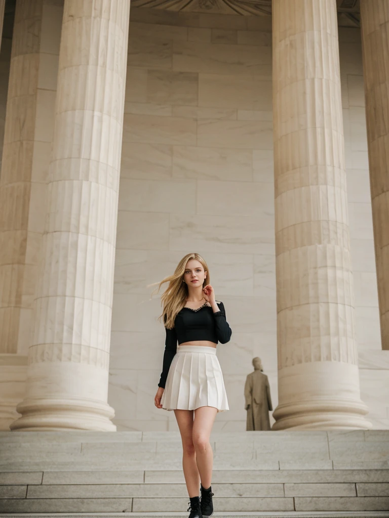 her name is Marie, high quality, 1girl, ((20-year-old fit Caucasian woman)), ((20 years old)), ((fit)), ((pale skin tone)), medium length straight blonde hair , wearing Lace-Up Corset Top + High-Waisted Pleated Skirt, pose: standing, background: Capture the excitement of a visit to the National Mall in Washington, D.C., where tourists can see iconic monuments like the Lincoln Memorial, the Washington Monument, and the U.S. Capitol