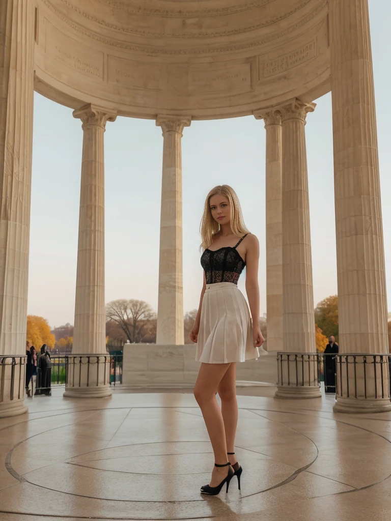 her name is Marie, high quality, 1girl, ((20-year-old fit Caucasian woman)), ((20 years old)), ((fit)), ((pale skin tone)), medium length straight blonde hair , wearing Lace-Up Corset Top + High-Waisted Pleated Skirt, pose: standing, background: Capture the excitement of a visit to the National Mall in Washington, D.C., where tourists can see iconic monuments like the Lincoln Memorial, the Washington Monument, and the U.S. Capitol