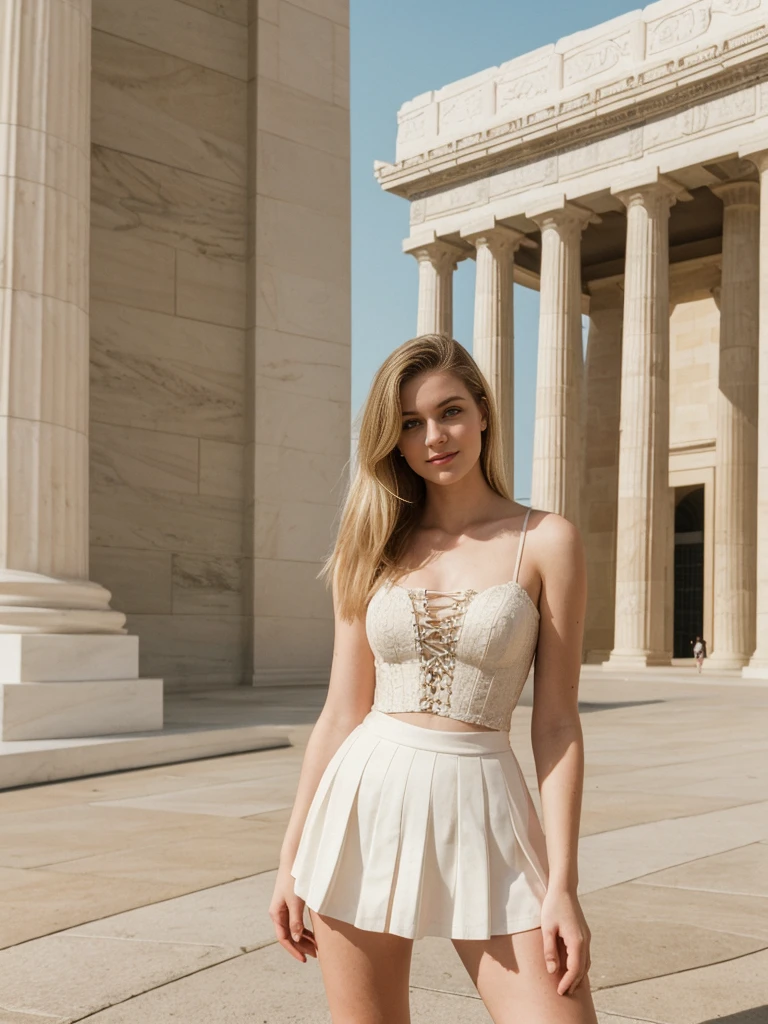 her name is Marie, high quality, 1girl, ((20-year-old fit Caucasian woman)), ((20 years old)), ((fit)), ((pale skin tone)), medium length straight blonde hair , wearing Lace-Up Corset Top + High-Waisted Pleated Skirt, pose: standing, background: Capture the excitement of a visit to the National Mall in Washington, D.C., where tourists can see iconic monuments like the Lincoln Memorial, the Washington Monument, and the U.S. Capitol