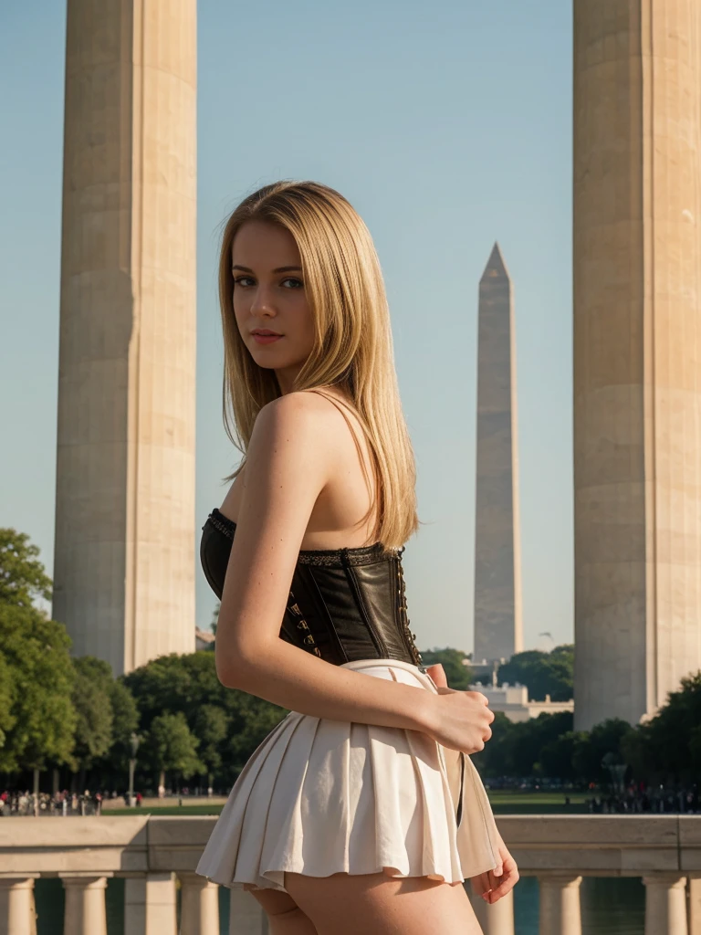 her name is Marie, high quality, 1girl, ((20-year-old fit Caucasian woman)), ((20 years old)), ((fit)), ((pale skin tone)), medium length straight blonde hair , wearing Lace-Up Corset Top + High-Waisted Pleated Skirt, pose: standing, background: Capture the excitement of a visit to the National Mall in Washington, D.C., where tourists can see iconic monuments like the Lincoln Memorial, the Washington Monument, and the U.S. Capitol