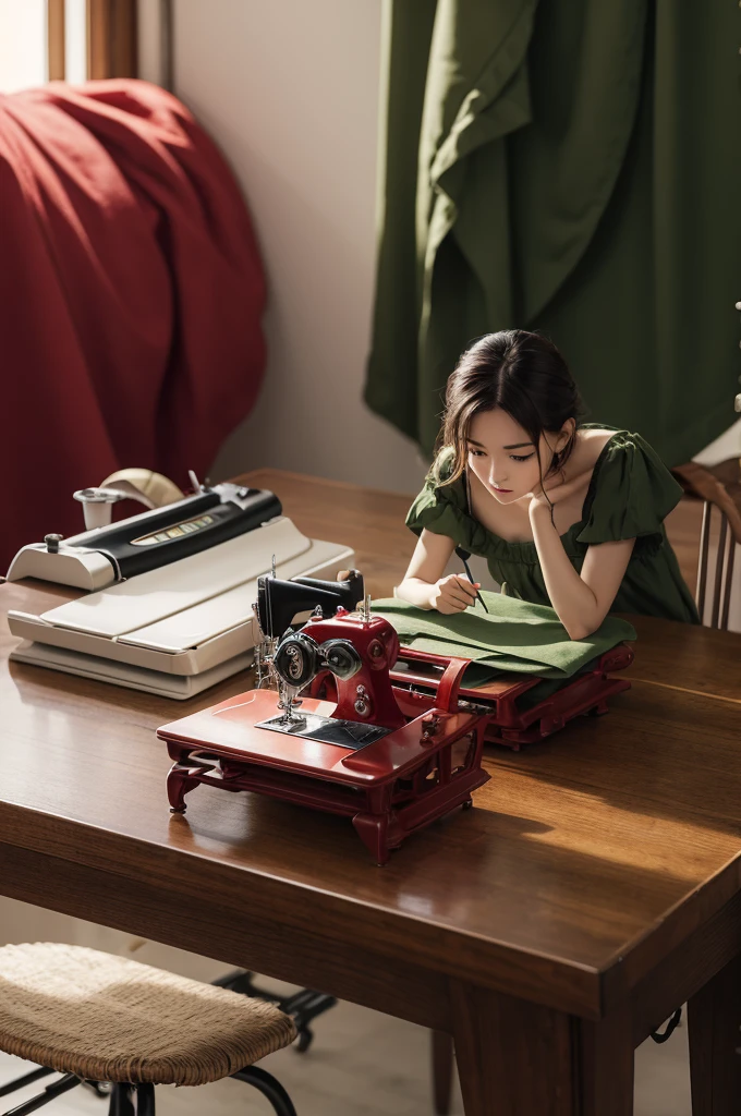 a red demon sitting on a table with a sewing machine sewing a green flag written 22 realistic image