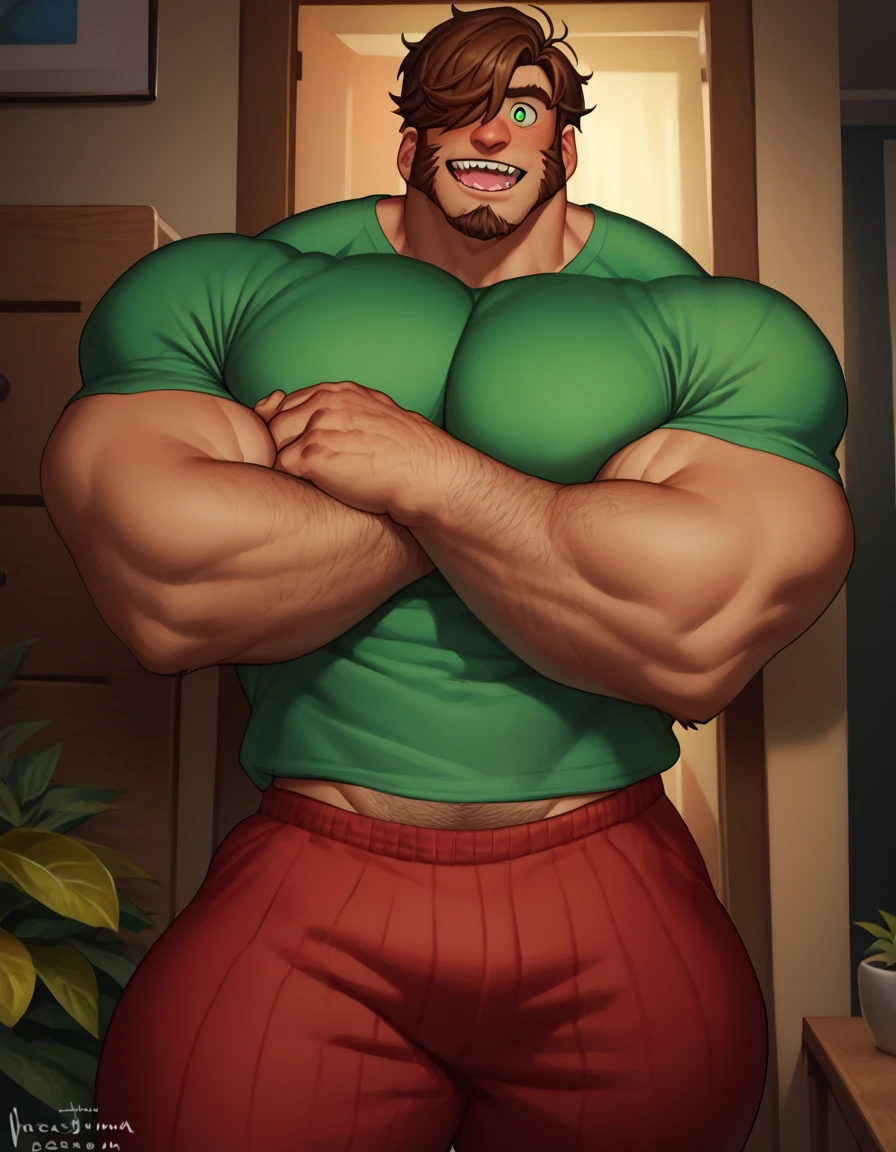 (by Meesh), (by darkgem:0.8), (by chunie:1), masterpiece,, detailed fur, looking at viewer, (detailed pixar eyes:1.2), detailed eyes, male, anthro, ((capybara, Japanese, Anime, bishounen, pretty, effeminate, Massive Muscles, Massive Deltoids, Massive shoulders, Massive Pecs, Massive Biceps, Massive Thighs, Massive Calves, long snout, brown hair, wavy hair, fabio hair, hair covering eye, goatee, big lip, swollen lip, black lip, whiskers, T-shirt, lime-green shirt, cheekbones, big chin, open mouth))


