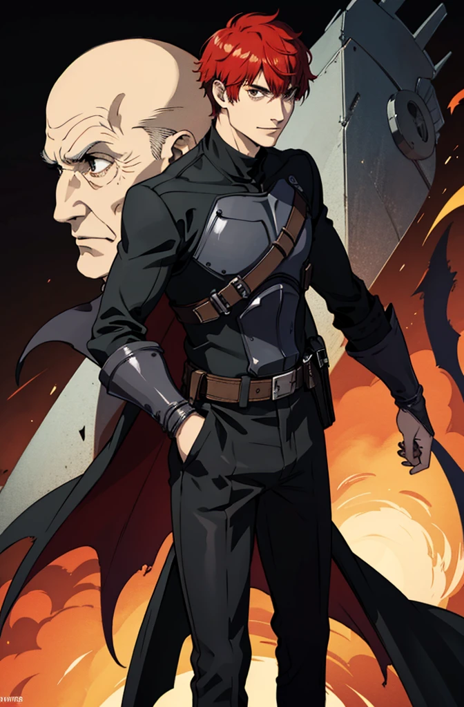 1 old man, red short hair, dark knight, portrait, black eyes,furious,evil smile,80 years old,