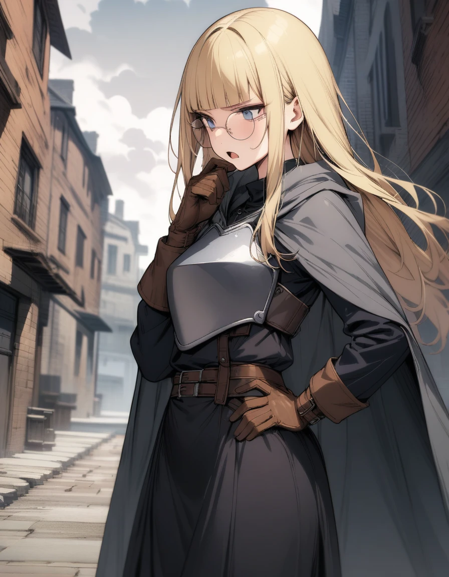 (masterpiece),(best quality),very aesthetic,(ultra-detailed),(illustration), 1girl,26yo,curvy,long hair,blonde hair,straight hair,disheveled hair,(blunt bangs),dark blue eyes,(squinting eyes:0.5),intelligence,thinking,annoyed,open mouth,Black steel breastplate,Black Steel Shoulderplate,gray cloak,Black long dress skirt,long sleeves,Brown leather gloves,(large round glasses),hand on hip,wearing a sword on waist,standing,cool,daytime,Lascivious atmosphere,fantastic atmosphere,Brick streetscape,battlefield,cowboy shot,fantasy,cloudy sky, depth of field,from side