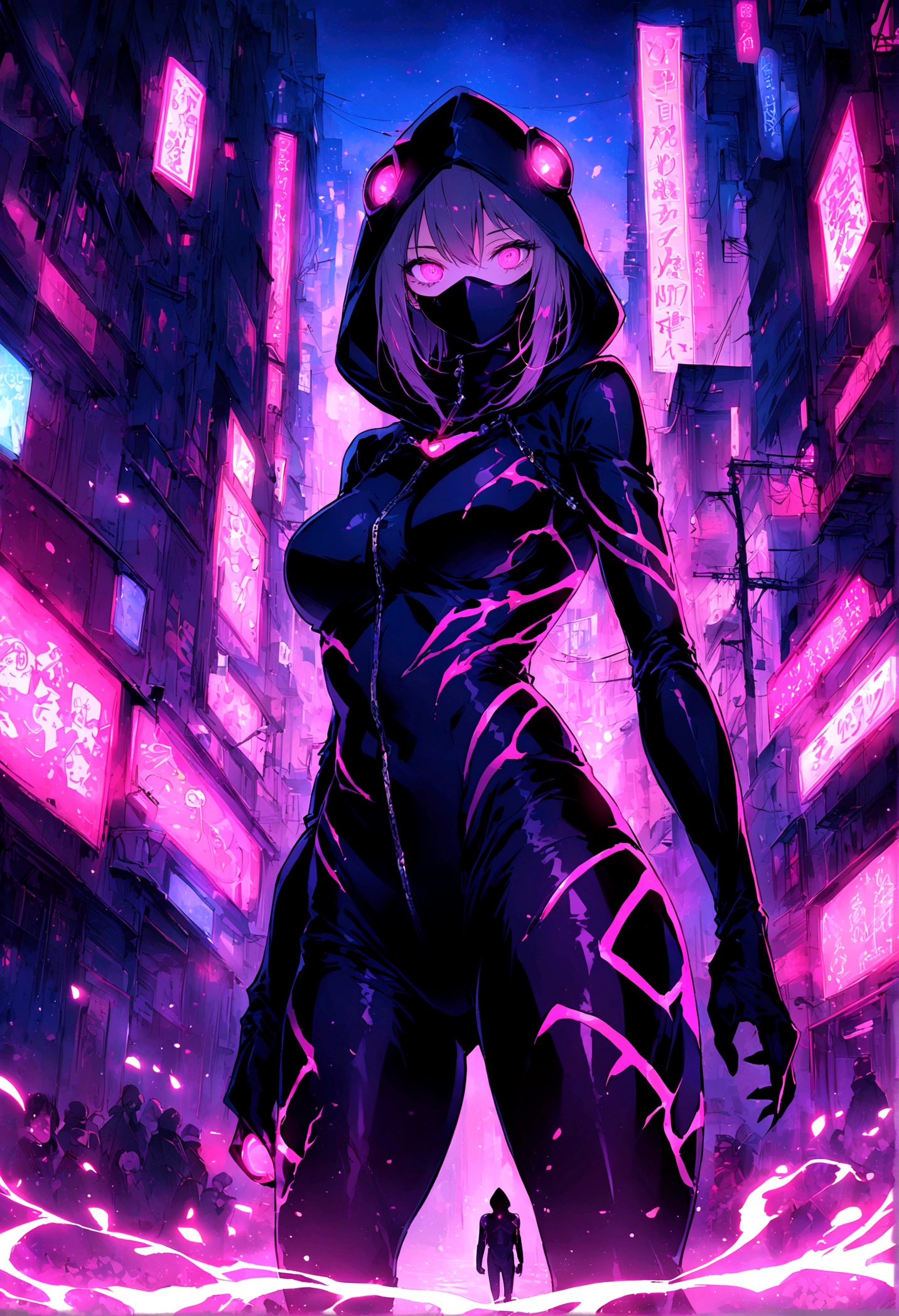 Neon, (Girl dressed in a dark black ninja suit with a hood.), Leather suit, suit that emanates bright pink light, bright pink eyes, very detailed eyes, by white, perfect anatomy, Japanese cherry trees in the background, The trees have luminous leaves and fall with the breeze., bright, (Neon lights stick out of the suit.), evening, nocturnal. high image quality, 8k, High Definition, intricate, very detailed image, very sharp, Neon luminoso