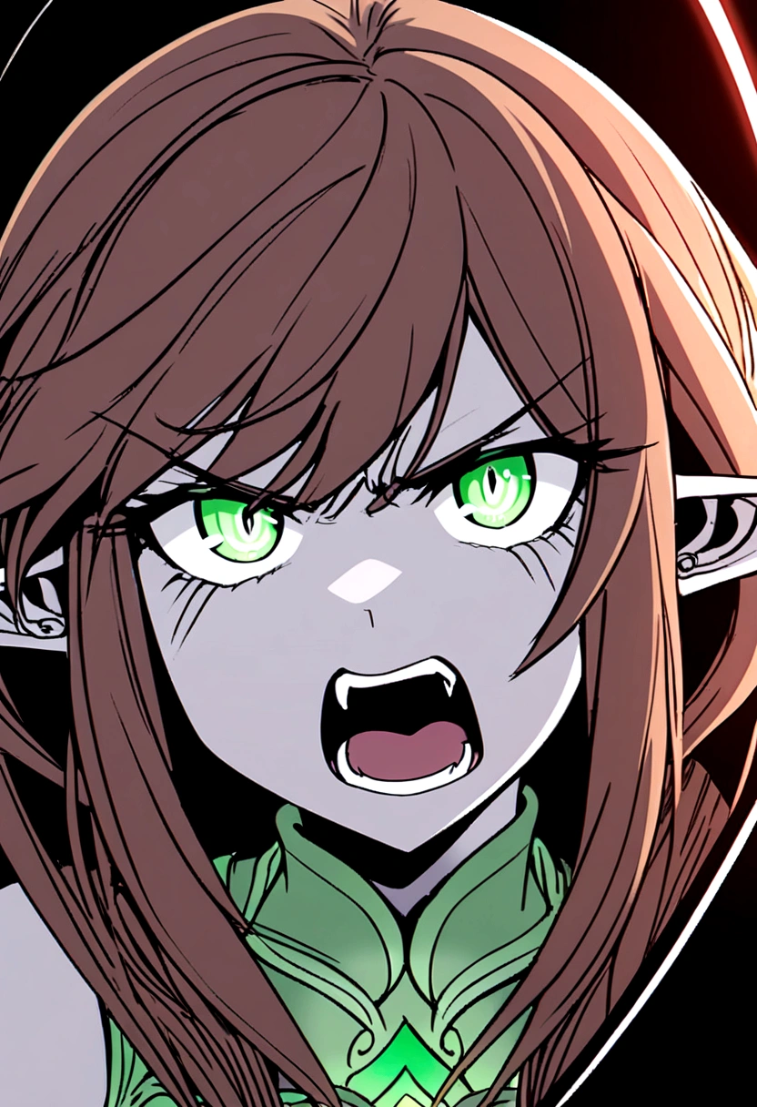 Young elven woman, pale skin, brown hair, green and red eyes, black short clothes, small, dark fantasy, long ears, bladedancer, very angry, screaming