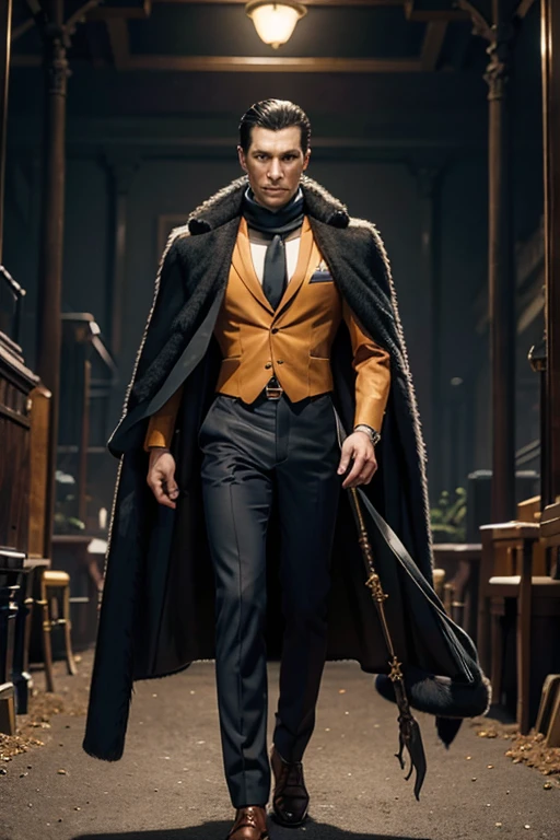 A tall man, brawny, skin fair, black hair with a slicked back, theme of clothes and a mafia boss, an orange vest over a long-sleeved shirt, a blue scarf, dark brown suit pants, black, polished shoes with gold buckles, a long, thick dark fur coat like cape, a large hook made of gold in place of his left hand, a sand and desert environment