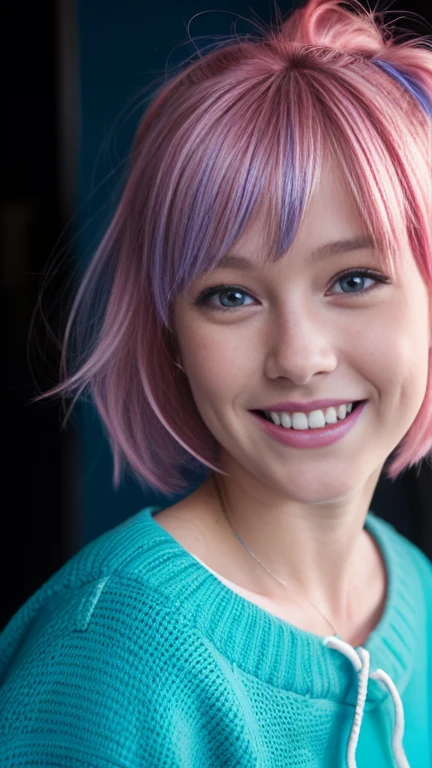 coyboy shot, Close up of kfukvf-1990, smile, Blue and pink hair, Portrait of a person, Inspired by Cindy Sherman, Unsplash, Red and Cinematic Lighting, Young age girl portrait, Fisheye Portrait, XF35mmF1.4R, f/2.8, 35.0mm, 1/200, ISO500