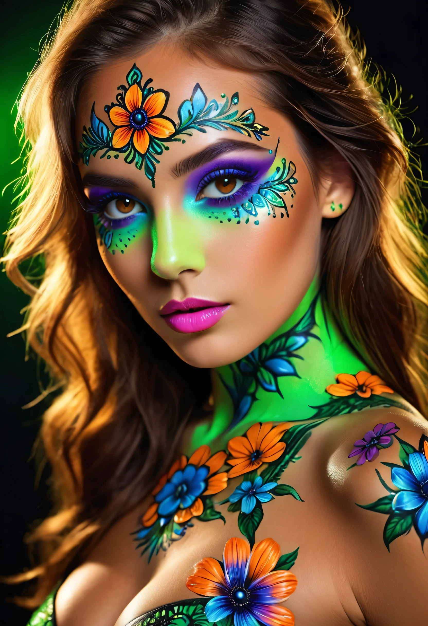 ((portrait of a girl in the ultraviolet backlighting on her:1.24)), (1girl: 1.3, 22 years), ((perfect hands:1.2)), ((perfect female body:1.4)), cute girl, ((super fluorescent colourful and extremely intricately detailed photo of Hyperrealistic art Wonderful, intricate (fluorescent colorful))), photorealistic Realism 32K Quality, fashion supermodel, (Glamour, paparazzi taking pictures of her), (beautiful slim and sharp face), (((Hyper absurd details of realistic , perfectly round brown eyes: 1.3) in Ultra absurd quality and resolution)), ((Ultra sharp eyes, clear absurd quality, not blurry)), ((fine detailed pupils: 1.4)), pink_makeup:1.2, blue_eyeliner:1.13, red_lipstick:1.4,(perfect dark_eyeshadows:1.35), (Detailed nose:1.2), Intricate detail face, best high quality real texture skin, (perfect composition), ((orange, green, black flower clusters: 1.44)), ((fluorescent flower clusters printed on her skin: 1.4)), ((fluorescent paint whole body:1.37)), ((A model shows off glowing body paint covering her private parts in a vivid artistic display:1.5))), ((Beautiful girl with long legs and good style:1.2)), ((firm and full breasts)), (dynamic pose:1.25),((no_Pantise)),(Erotic:1.33), (((cowboy shot:1.3))), 