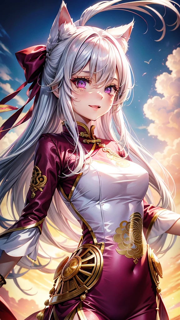 Silver hair, pink eyes, woman, sun and cloud background, pink red gold clothes, hair bows, happy face, Chinese outfit, sexy, cat ears