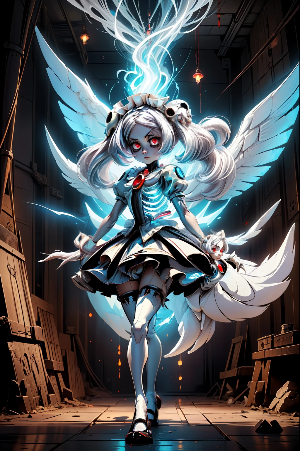 (masterpiece, best quality), marie from skullgirls, skullgirls, red pupils, blue flame on background, digital art, anime style, girl, white hair, maid outfit, serious expression, necklace with red gem , white long socks, fullbody, looking at viwer, beautiful girl, 2D anime drawing, chest, focus on chest, black heels, skeletons on background,