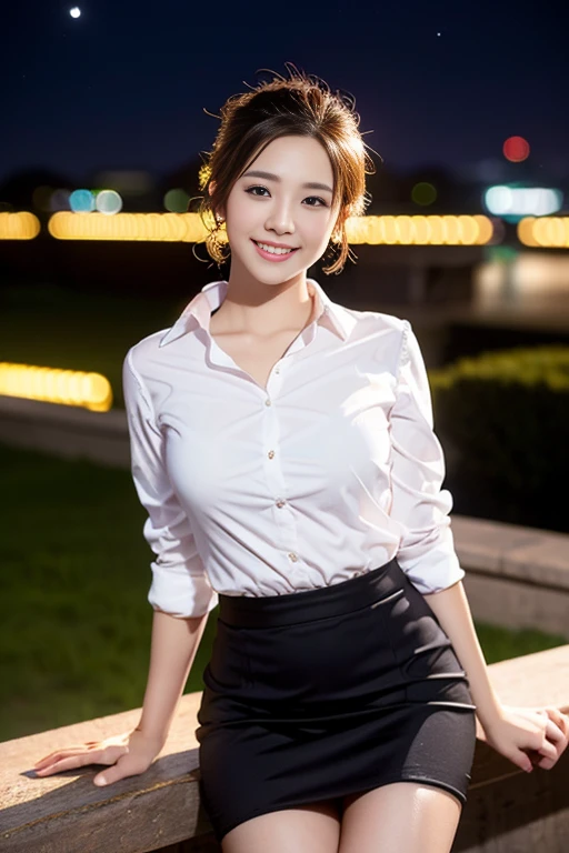 ((Best Quality, 8K, unreal engine, Masterpiece:1.3)), hyperrealistics style, (Image, Photograph), (Imada Mio:1.0), (Jisoo:0.5), Photos of young Japanese women named Haruka, 27 years old, beautiful face, very small chest, long black hair, white skin, light eyebrow, (White blouse, Pink Skirt:1.4), double eyelids, standing in front of the fountain, park background, looking at the viewers, highly detailed glossy eyes, high detailed skin, skin pores, beautiful, super fine face, exquisitely rendered details on face and skin texture, organic, stunningly beauty, soft and smooth body, smile, diffuse lighting, ornate, smooth, eccentric pose