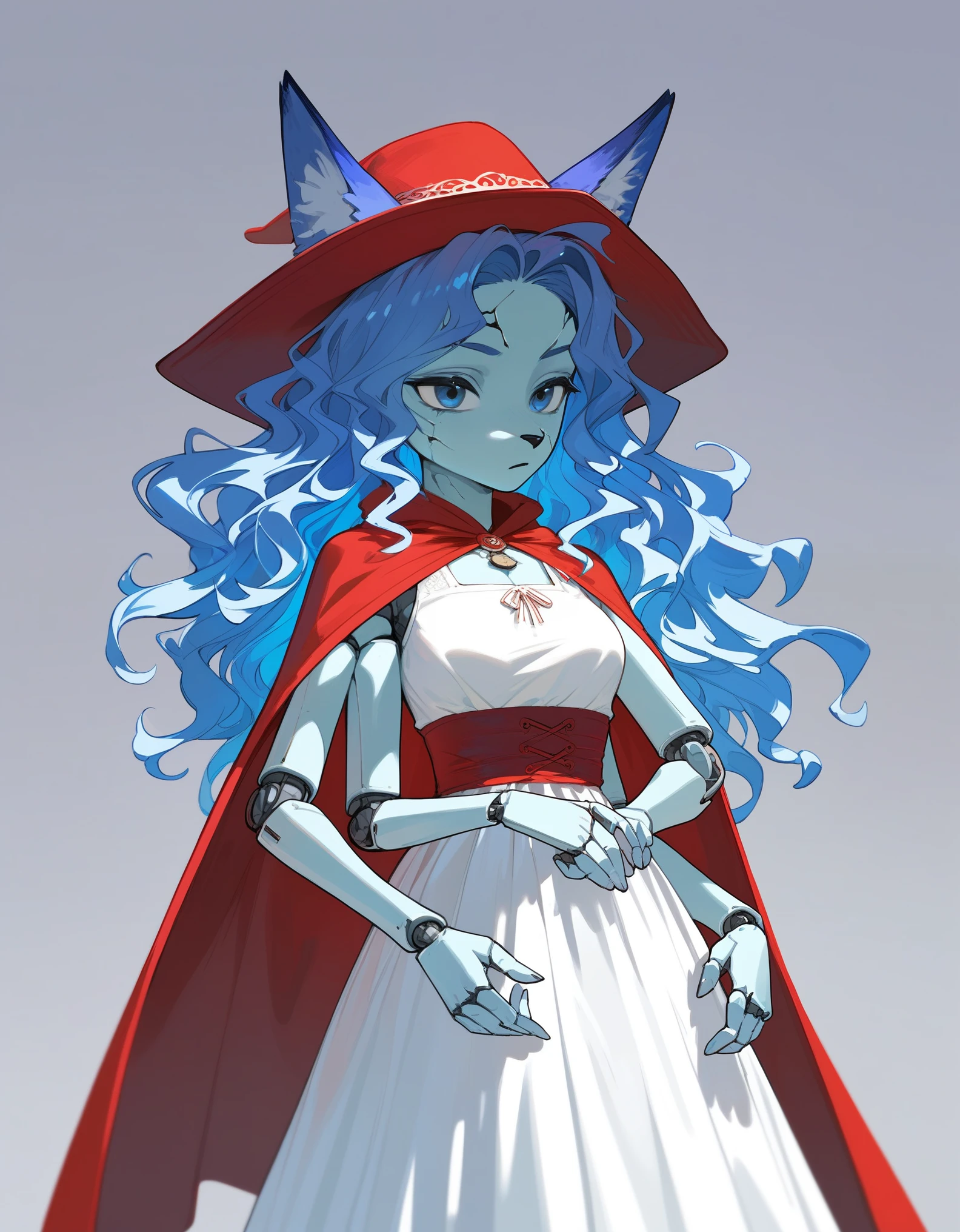 masterpiece, best quality, 1girl, solo, an Anthro furry blue fox girl, fox snout, black nose, IncrsXLRanni, wavy hair, cracked skin, colored skin, blue fur, extra arms, four arms, doll joints, white dress, hat, cloak, 