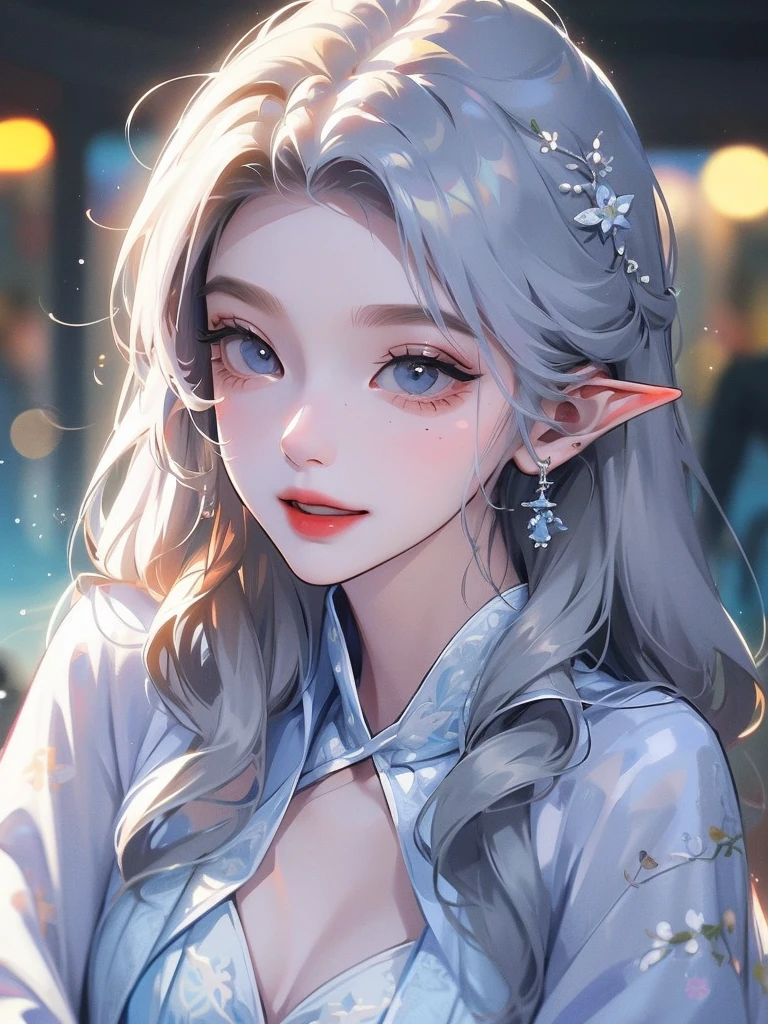 ((Highest quality)), ((masterpiece)), (detailed), One girl, The background is nature、The weather was sunny.、Silver hair straight long hair、Half Up、Parallel thin eyebrows、Double droopy eyes、Thin lips、Small nose、Blue Eyes、Long eyelashes、Delicate appearance、Illustration seen from the front、A big smile with an open mouth、White dress、Elf、Fantastic illustrations、Highlights are 7 colors、The light is on my face、Eye contact illustration