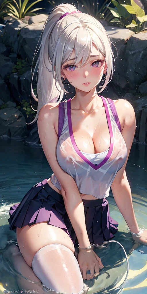 realistic, 1girl, ponytail, parted lips, blush, makeup, light smile, white hair, sportswear, skirt, wet clothes, glow, thighs, purple eye, bare shoulders, collarbone, narrow waist, sunbeam, sunlight, rose, wind, cleavage, (masterpiece), sweat,