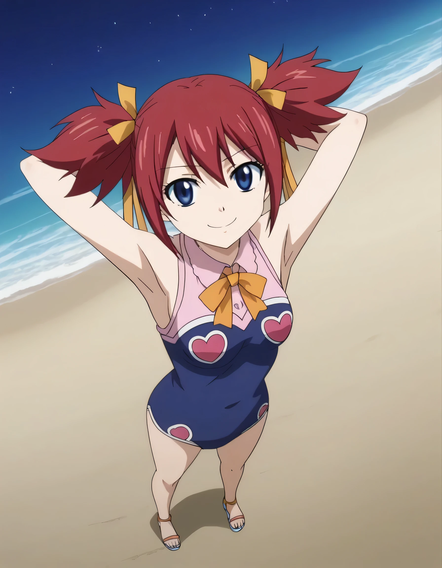 chelia_blendy, source_anime, rating_safe, intricate details, anime screencap, anime coloring, 1girl, solo,  red hair, blue eyes, ribbon, hair ribbon, twintails, short twintails, looking at viewer, solo, contrapposto, spread armpit, arms behind head, smile, looking at viewer, full body, closed mouth, night sky, beach, high quality, center view,