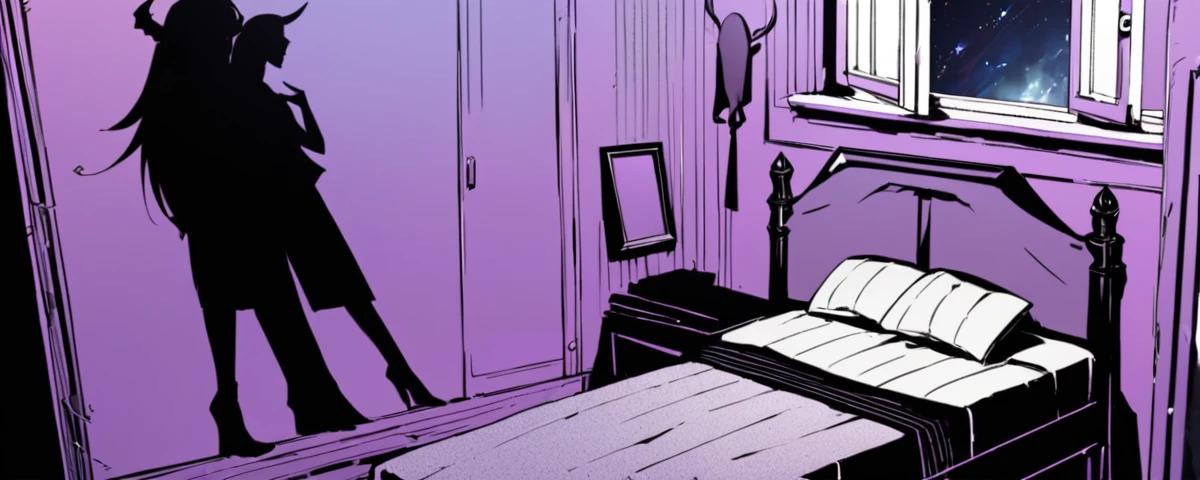A room that resembles a bedroom. It has a window at the bottom that gives a view of a galaxy. On one side are several books. The other sides are practically a quarter. There are some posters of demon silhouettes. The default color of the room is purple. There are some paintings with silhouettes of a girl with devil horns and long hair, but it could be a silhouette and you can't see it.