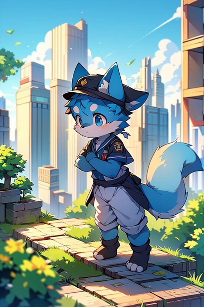 Blue fur, Canine, fox motif, boy, uniform,expensive，One person，Stand up on your own feet，expensive，Cityscape，expensive，，Rural Scenery，