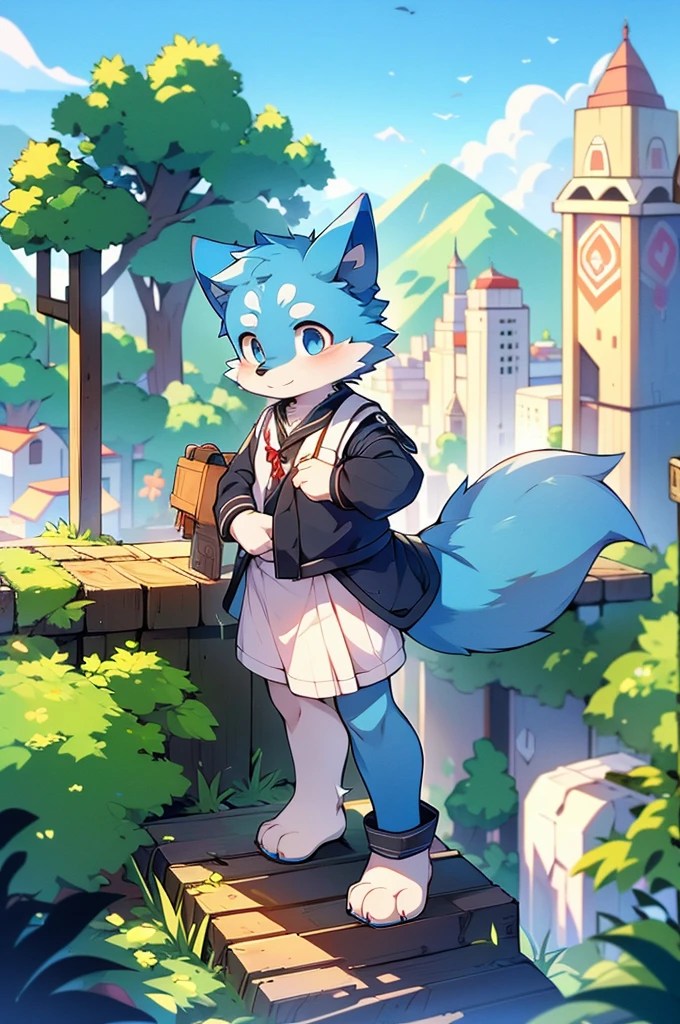 Blue fur, Canine, fox motif, boy, uniform,expensive,One person,Stand up on your own feet,expensive,Cityscape,expensive,,Rural Scenery,