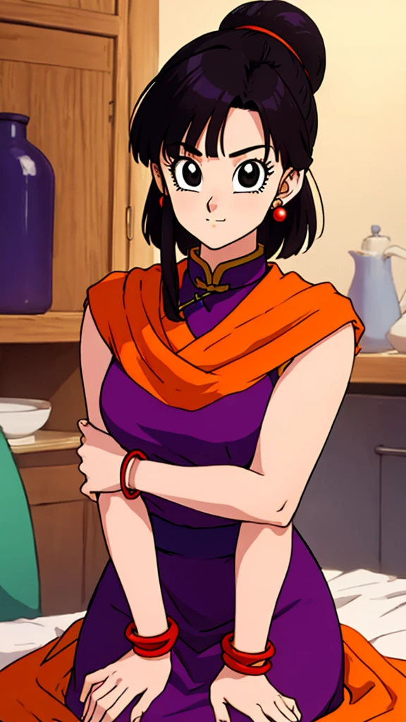 masterpiece, best quality, highest quality, photorealistic, perfect anatomy, perfect face, perfect eyes,
dbzch1ch1, sidelocks, bangs, single hair bun, hair bun, (black eyes), orange pashmina wrap, red sphere earrings , red wristbands, purple cheongsam, sexy  pose