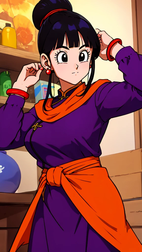 masterpiece, best quality, highest quality, photorealistic, perfect anatomy, perfect face, perfect eyes,
dbzch1ch1, sidelocks, bangs, single hair bun, hair bun, (black eyes), orange pashmina wrap, red sphere earrings , red wristbands, purple cheongsam, sexy  pose