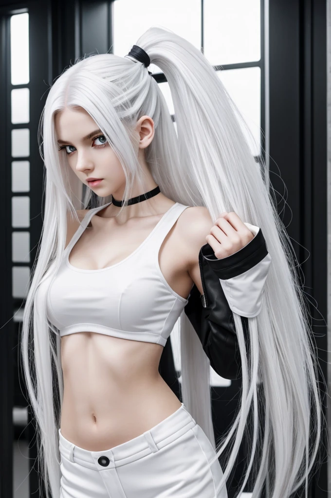 a girl with tomboy-style hair at the front and back, long, slightly wavy white hair with black strands and black and white snakes coming out of her hair,bright red eyes,pale skin like porcelain,slim body with big busts and small waist, flat abdomen and anime bnha style