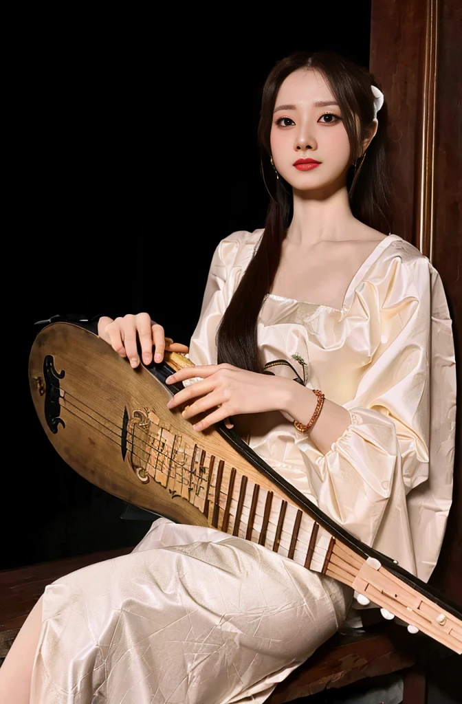An Arad woman in a white dress holds a wooden musical instrument,inspired by Gu Kaizhi,Chinese traditional,Holding a lute,Palace,A girl in Hanfu,is playing a lute,inspired by Tang Yin,lute,style of guo hua,Yun Ling,inspired by Chen Yifei,Inspired by Zheng Xie。