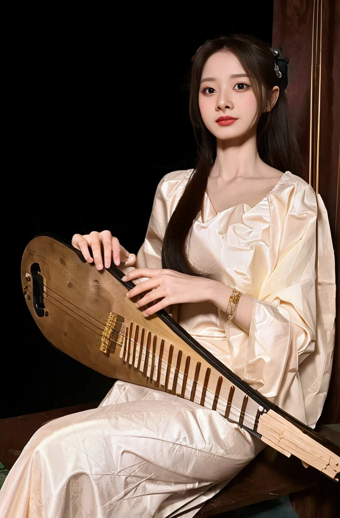 An Arad woman in a white dress holds a wooden musical instrument,inspired by Gu Kaizhi,Chinese traditional,Holding a lute,Palace,A girl in Hanfu,is playing a lute,inspired by Tang Yin,lute,style of guo hua,Yun Ling,inspired by Chen Yifei,Inspired by Zheng Xie。