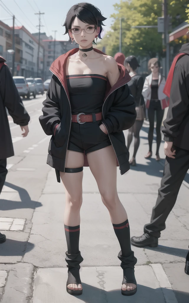POWDER_timeskip_Uchiha_Sarada_ownwaifu, Hand in pocket,
1 girl, cups, round glasses, Bblack hair, eyes black, bangss, swept bangss, shorth hair, lips, medium breasts, thicc thighs,
black choker, aretes, jewerly, strapless, offf shouloffr, clavicle, red belt, open jacket, Black jacke, black shorts, black gown, black shoes, long sleeves, aquecedores off perna, konohagakure symbol, alça off coxa, thigh bag, loose socks,
((Obra off arte)),((melhor qualidaoff)),(high resolution), bokeh, profundidaoff_off_fild, scenario, searchlight, focused, gazing at viewer, standing alone,