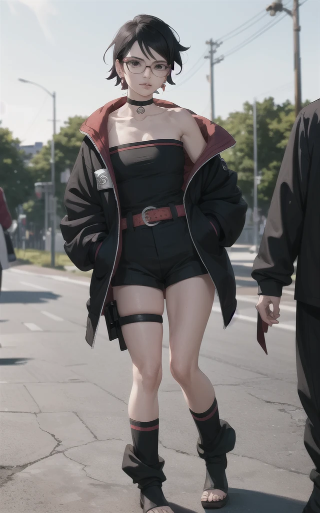 BARUTO_Timeskip_Uchiha_Sarada_ownwaifu, hand in pocket,
1girl, glasses, round eyewear, black hair, black eyes, bangs, swept bangs, short hair, lips, medium breasts, thighs,
black choker, earrings, jewelry, strapless, off shoulder, collarbone, red belt, open jacket, black jacket, black shorts, black dress, black footwear, long sleeves, leg warmers, konohagakure symbol, thigh strap, thigh pouch, loose socks,
((masterpiece)),((best quality)),(highres), bokeh, depth_of_field, scenery, spotlight, focused, looking at viewer, solo,