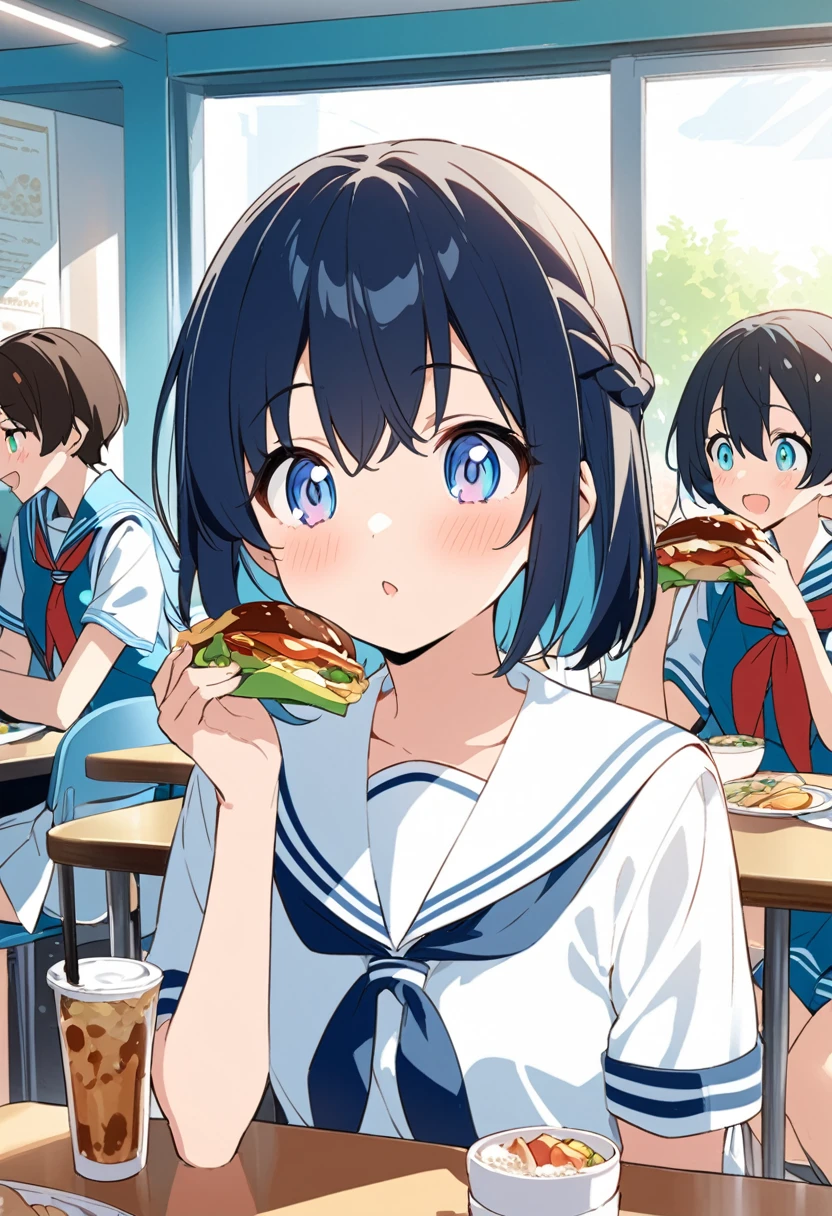 You are a professional illustrator。Please carefully check and draw the illustration according to the following conditions.。High school students enjoying their lunch in a crowded cafeteria、Delicate and beautiful anime face、Clear Eyes、Sailor suit、Braided short hair、