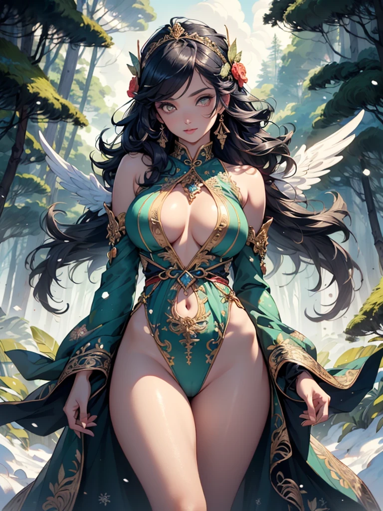 Woman,1 Woman,((milf,mom,mellow,mellow Woman,age 45, Woman,grown-up)),((Spirit of the Tree,nymph,myth)),
(breasts big:1.5),saggy breasts,(((Unripe hair:1.4,slickedback hair,long hair:1.4,colored inner hair))),(((Unripe_eyeballs:1.3))),intricate eyeballs,beautiful detailed eyeballs,symmetrical eyeballs,((((shining skin:1.5,shining skin: 1.5,skin tanned,shining skin,very shining skin,shinny body,brightened skin)))),(spider lower abdomen,narrow waisted,wide hip,baby bodysuit,inflated legs),(((face detailed))),
(cute,slutty,sensuous,seducer look,seducer,((Erotic)),opulent,sumptuous,(nsfw)),
revealing clothing,show the skin,(((angelic outfit))),(((leaf clothes,leaf jewelry))),leaf on clothes,,leaf on the body,(((intricate outfit,intricate clothes,embroidered clothing,ornate outfit,Embroidered clothes,ornate clothes))),
(dynamic pose:1.0),embarrased,(centred,scale to fit dimensions,rule of thirds),
((snowy pine forest at night)),with dark and stormy clouds,winter,scenario:1.25,((snow forest background)),Christmas tree,
high resolution,sharp focus,(ultra detaild,extremely detaild),(photorealistic art:1.37),(extremely detaild CG unity 8k wallpaper),(((swirly vibrant colors,vibrant theme))),(intricate),(work of art),(best qualityer),