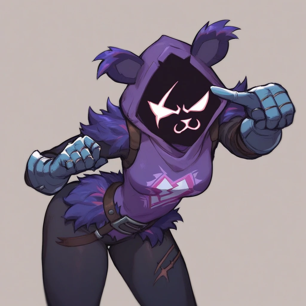 Raven team leader,purple hoodie, with no face, shadowed face, animal ears,purple skin, scar on eye, body skin, purple fur, waist belt, torso symbol, metal gloves, pointing your ass at the viewer, leaning forward, pushing, she closes her eyes, hands resting on top of a small wall, her with her eyes closed, hands are not in the air, expression of force, stomachache, stomach growling. day Of course