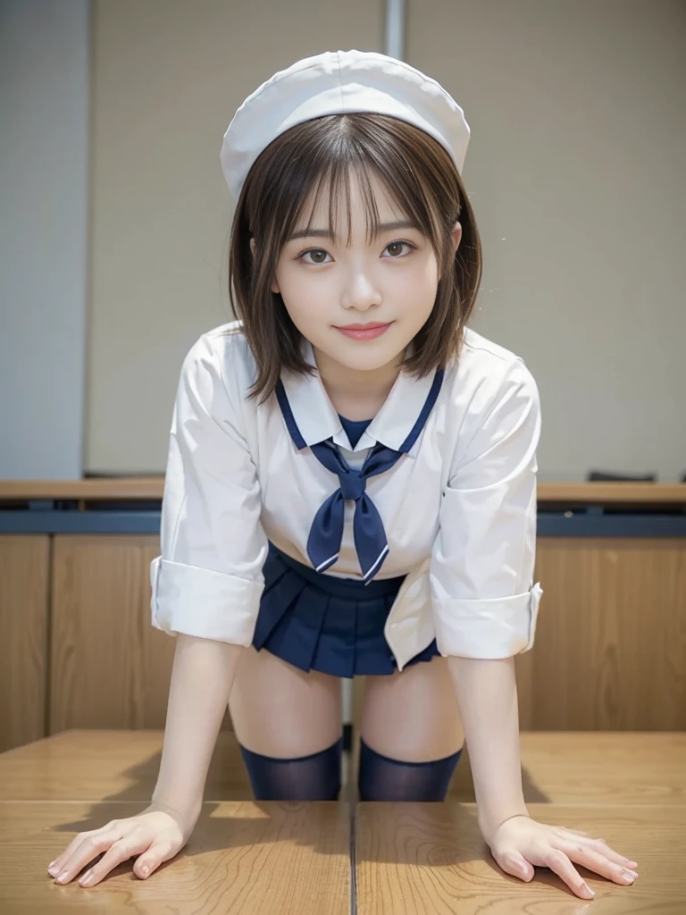 (highest quality: 1.3), (masterpiece: 1.3), (Ultra-detailed: 1.3), (wallpaper, One Girl: 1.1)、(Detailed hands and fingers:1.2)、(Ultra-oily, lustrous skin with attention to detail:1.1)、Oily shiny knee socks、(Sailor suit:1.2)、(Blonde:1.2)、、Medium Hair、high school girl、，School classroom、、Navy blue pleated skirt、mini skirt、cute、The best smile、Spread your legs out to the sides、（Get on all fours）、Stick your butt out