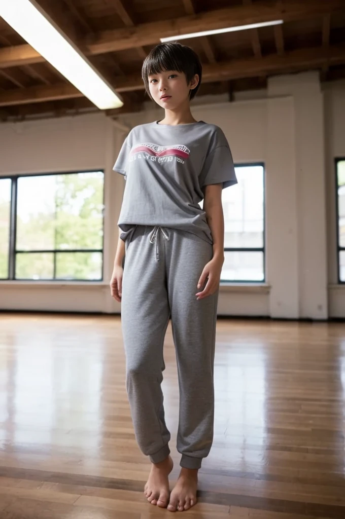 A girl, 18yo, ((oversized T-shirt)), (gray tracksuit bottoms), (((thick thighs))), black pixie cut, huge breasts, in wooden floor school gym, half open mouth, (standing, view from front), full body shot, (barefoot)