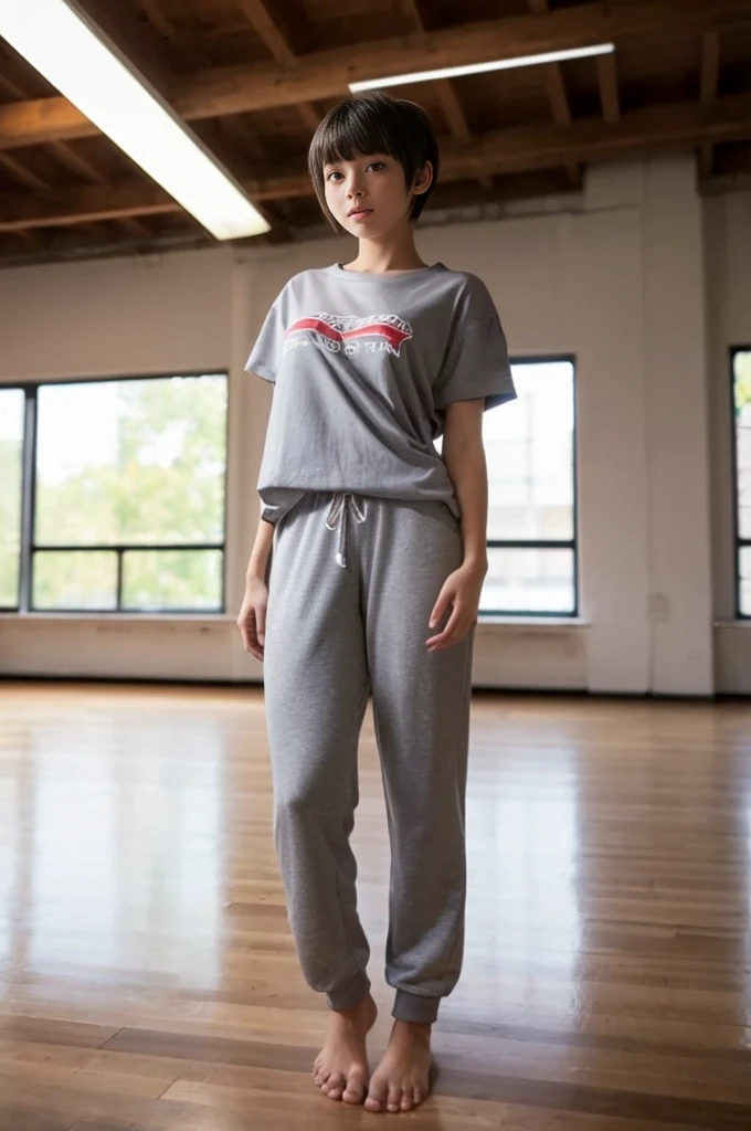 A girl, 18yo, ((oversized T-shirt)), (gray tracksuit bottoms), (((thick thighs))), black pixie cut, huge breasts, in wooden floor school gym, half open mouth, (standing, view from front), full body shot, (barefoot)