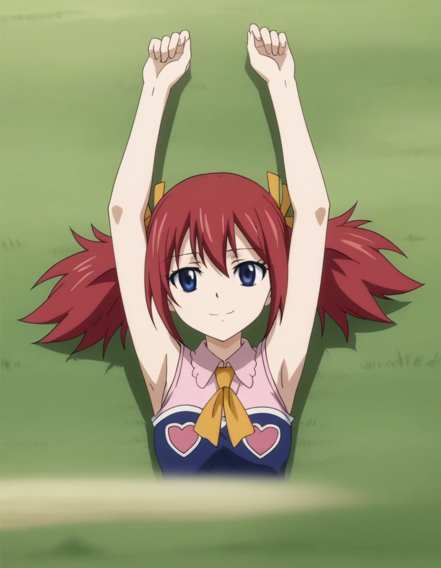 chelia_blendy, source_anime, rating_safe, intricate details, anime screencap, anime coloring, 1girl, solo,  red hair, blue eyes, ribbon, hair ribbon, twintails, short twintails, looking at viewer, high quality, solo, lying, on back, arms up, spread arms, closed mouth, on grass, center, full body, looking at viewer, suggestive smile, best quality, spread legs,
