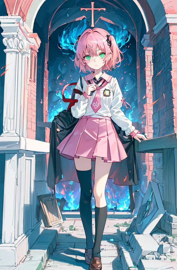 [(church background:1.4)::5],Original,(Illustration:1.1),(Best Quality),(masutepiece:1.1),(the Extremely Detailed CG Unity 8K Wallpapers:1.1), (Colorful:0.9),(mid-shot:0.95),(very detailed beautiful face and eyes),(Solo:1.2), (((girl))),((14 years old)), (Detailed beautiful eyes:1.15), (Beautiful face:1.15), (Glowing green eyes:1.25////),(((Pink short hair))),((two side up)),(Pink ribbon),(red necktie),(+perfect hand+:1.21),(Draw an illustration of a loli girl),(student clothes),Long sleeve,(bulging sleeves),fluffy hair,Elementary school girls,Short stature,Buriko,Ruffled uniforms,hair clips,Ridicule,(heart mark),(Religious),(slender),Shady face,Lori,furious face,(((The church is burning in a fire))),