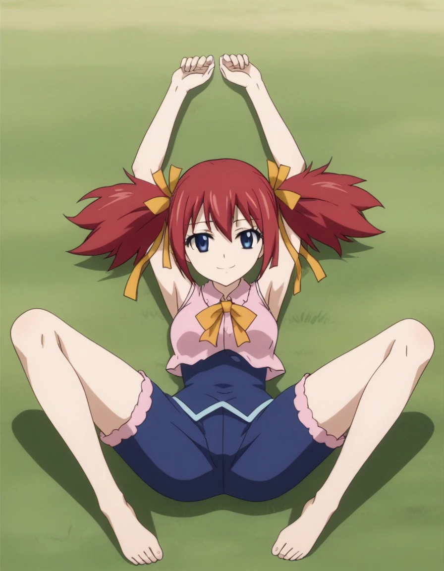 chelia_blendy, source_anime, rating_safe, intricate details, anime screencap, anime coloring, 1girl, solo, red hair, blue eyes, ribbon, hair ribbon, twintails, short twintails, looking at viewer, high quality, solo, lying, on back, arms up, spread arms, closed mouth, on grass, center, full body, looking at viewer, suggestive smile, best quality, spread legs,