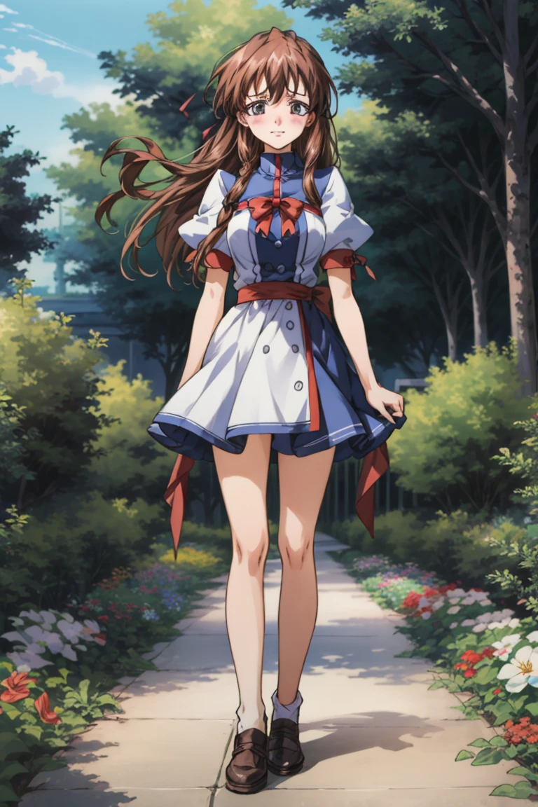 18-year-old girl、、Embarrassed face、one piece、garden、The wind is blowing、Full body photography