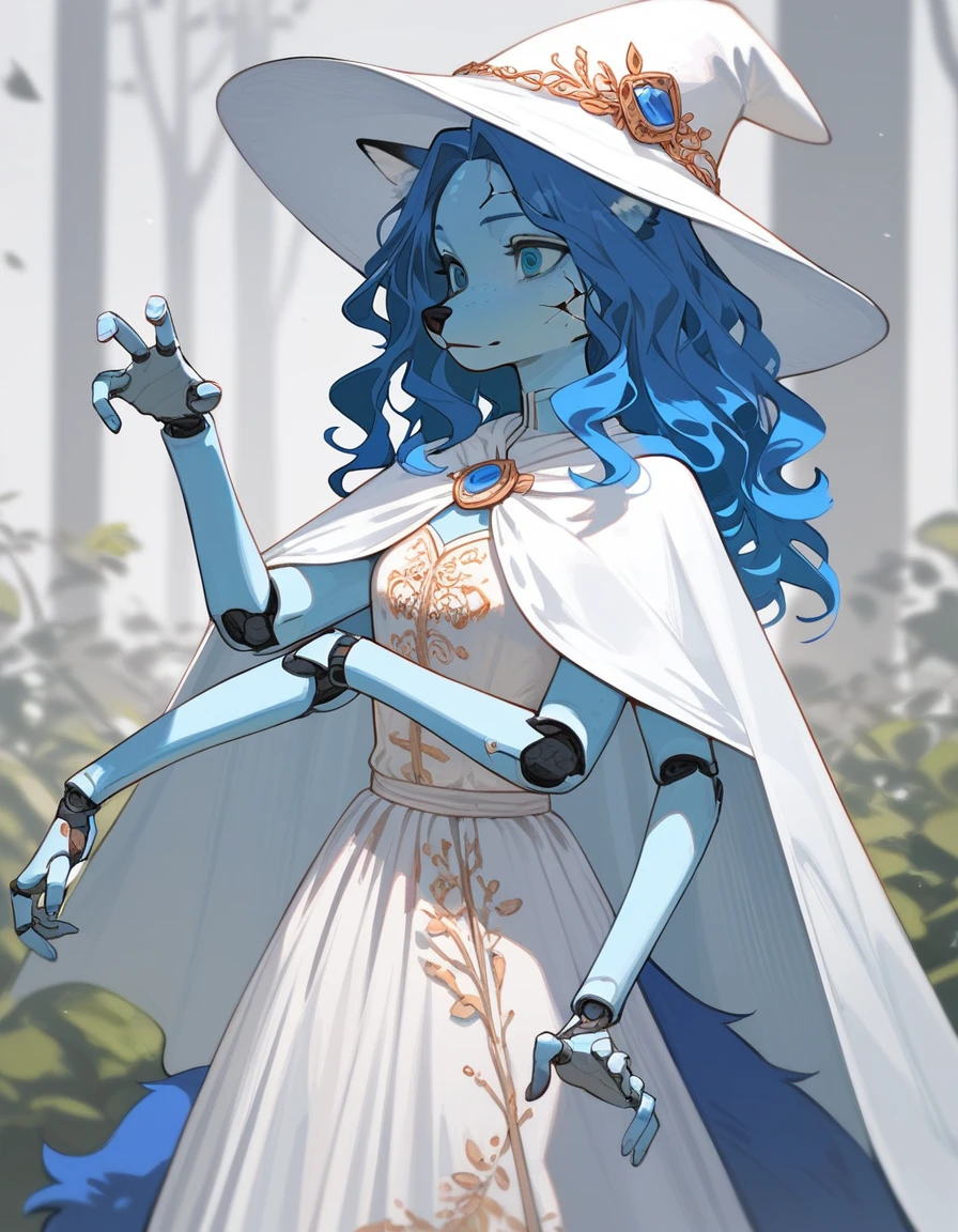 Score_9, score_8_up, score_7_up, masterpiece, best quality, 1girl, solo, an Anthro furry blue fox girl, fox snout, black nose, IncrsXLRanni, wavy hair, cracked skin, colored skin, blue fur, extra arms, four arms, doll joints, white dress, white hat, white cloak, pondering pose, 