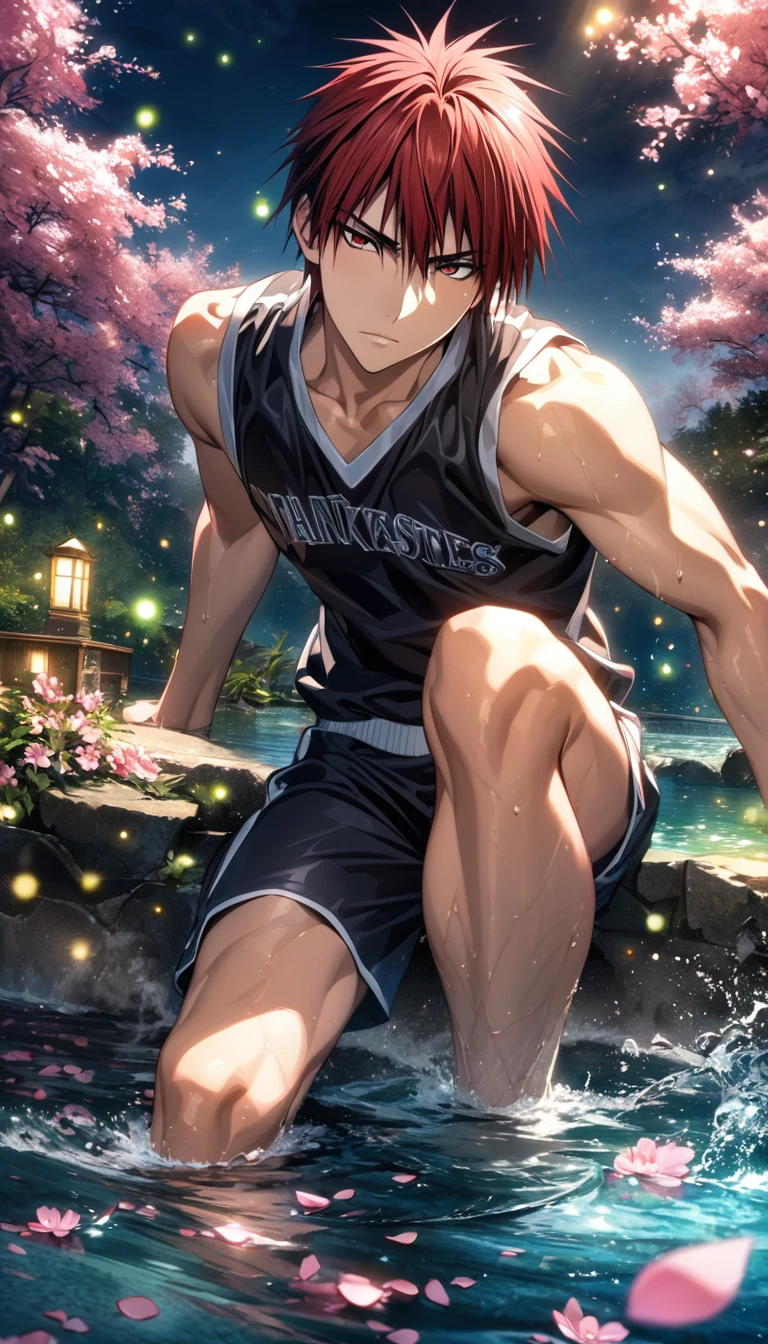 Ultra detailed, highres, absurdres, HDR, master piece, Kagami Taiga, red hair with black streaks, expressive red eyes, Kuroko No Basket, fantasy, pink petals, water, pink flowers, handsome, sexy man, solo, best quality, blossoms, blue shining fireflies, black basketball clothes