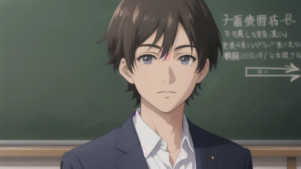 Teacher standing in front of the podium、Chalkboard at the back、male、suit、Anime Style、Close-up of face
