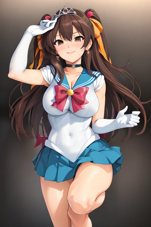 masterpiece, high definition, best quality, rendered art, well formed hands, fingers and body, 1 woman, solo, Haruhi Suzumiya, hair ribbon, adult, grown up, wearing Sailor Moon's outfit, big breasted, cleavage, full body, sexy sailor senshi uniform, short blue skirt, red boots, gorgeous hips, legs and thighs, white elbow gloves, sailor collar, tiara, earrings,doing exercise, warming up, working out, sexy and captivating training, smiling joyfully and happily , looking at the viewer, panties peek, sweating , bouncing breasts, t   back thong, training montage session, beach environment       