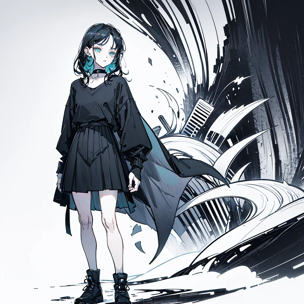 ((body)) skinny, short, pale, freckles on the face, 18 years old ((hair)) long black hair, messy, ((eyes)) green eyes, ((black outfit)) oversize black shirt, blue skirt, knitted shoe covers, black cotton fingerless gloves, black boots, piercings, choker