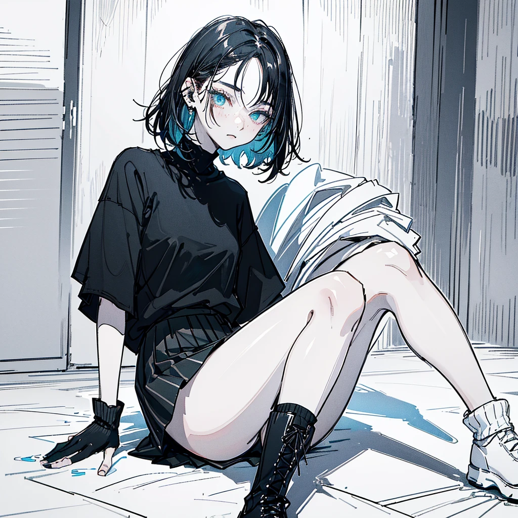 ((body)) skinny, short, pale, freckles on the face, 18 years old ((hair)) long black hair, messy, ((eyes)) green eyes, ((black outfit)) oversize black shirt, blue skirt, knitted shoe covers, black cotton fingerless gloves, black boots, piercings, choker