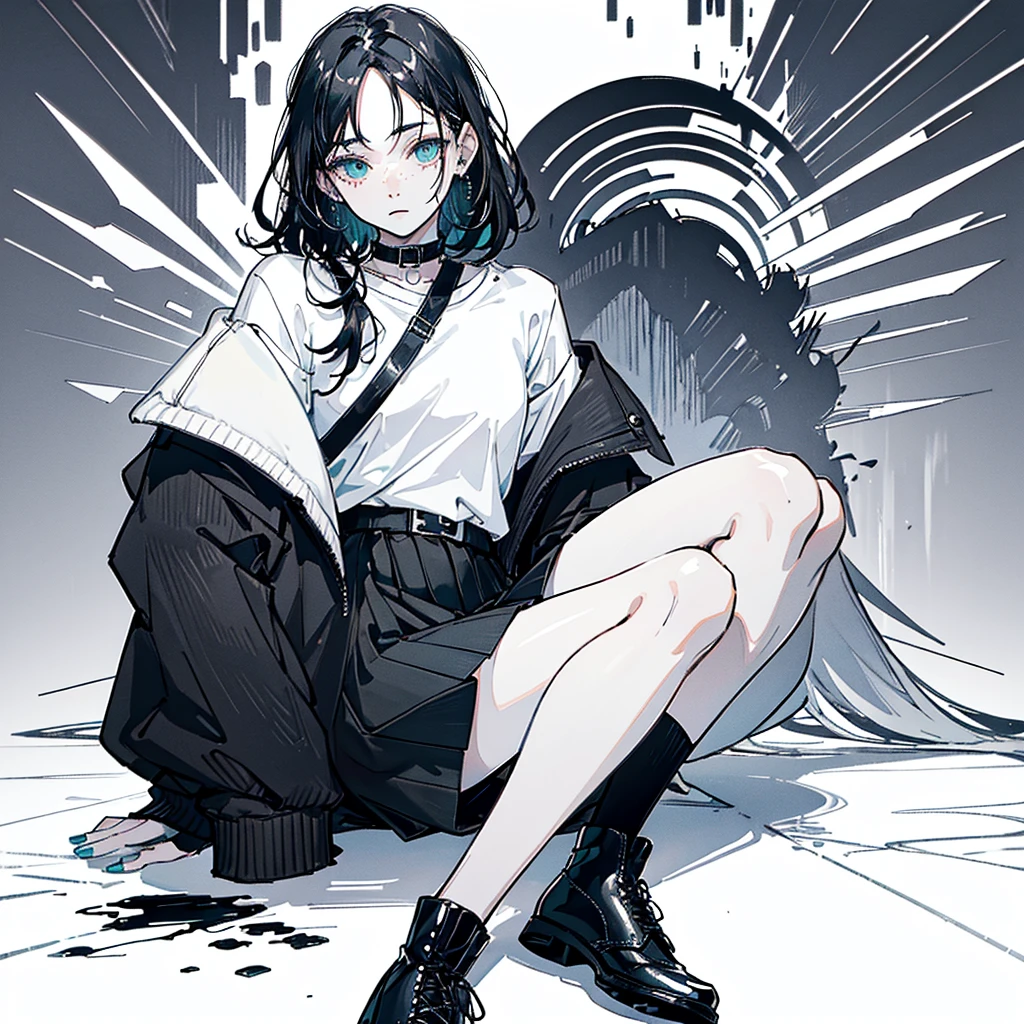 ((body)) skinny, short, pale, freckles on the face, 18 years old ((hair)) long black hair, messy, ((eyes)) green eyes, ((black outfit)) oversize black shirt, blue skirt, knitted shoe covers, black cotton fingerless gloves, black boots, piercings, choker